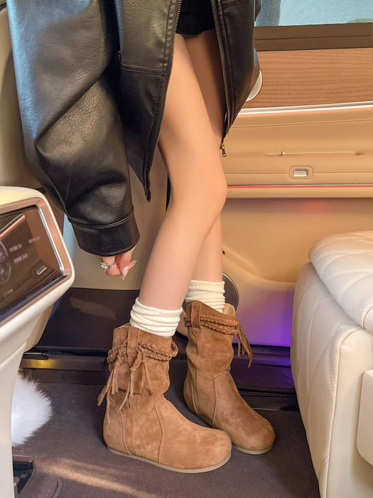 Suede Fringe Round Toe Boots