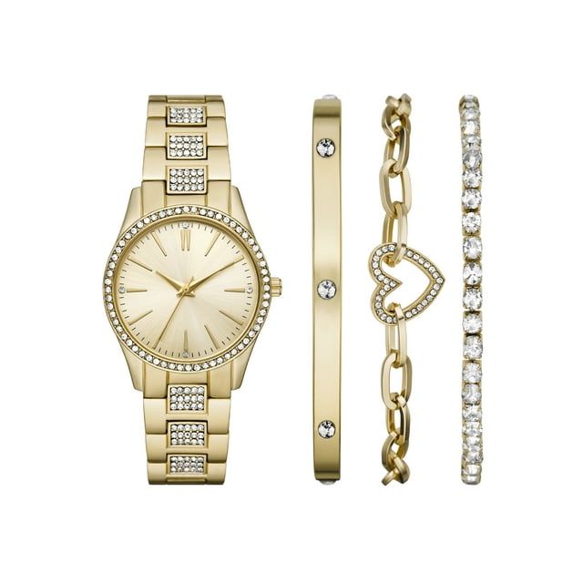 Folio Women's Watch Gift Set: Gold Round Case, Gold Sunray Dial, Gold Tone 3 Link Bracelet