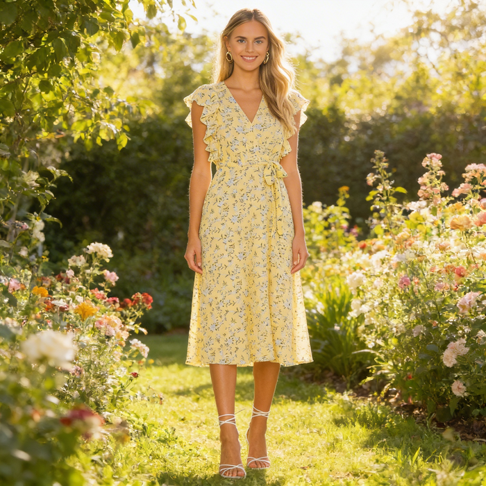 1.State Honeysuckle Flounce Sleeve Wrap Dress, Size 8